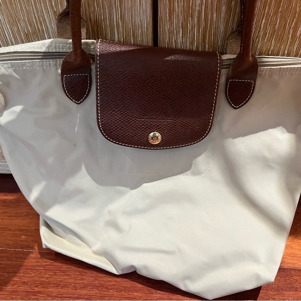 Longchamp Cream and Brown Tote Bag with Leather Accents